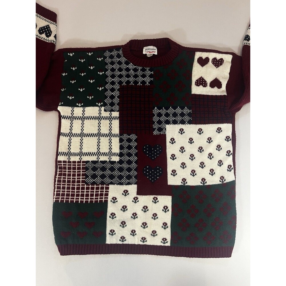 Vintage New Addition Maternity Patchwork Sweater Medium | Burgundy Cottagecore - Picture 11 of 14
